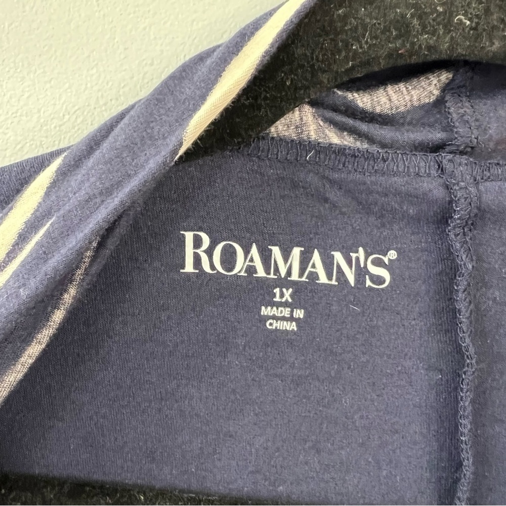Roaman’s Navy & Tan Open Front Longline Anstract Print Duster Cardigan Size 1X - Picture 3 of 5